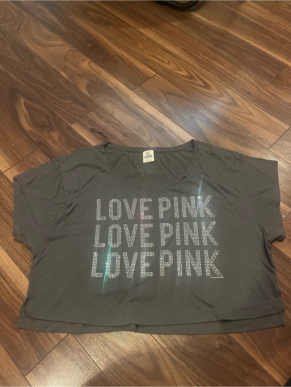 PINK Victoria's Secret Gray Cropped Tee with 'LOVE PINK' Rhinestones